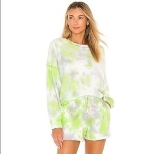 Free People Kelly Washed Tie Dyed Sweatshirt & Shorts Set In Citron Gray & Cream